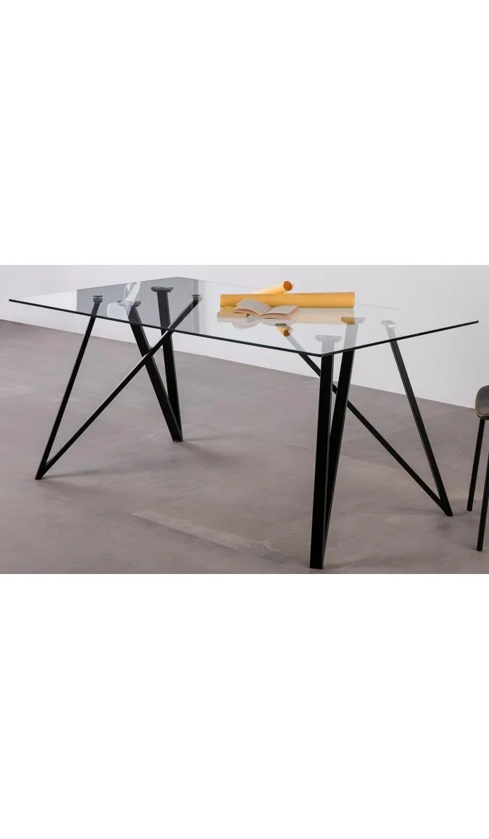 Mesa de jantar rectangular Gaia tampo de vidro em acabamento preto 76