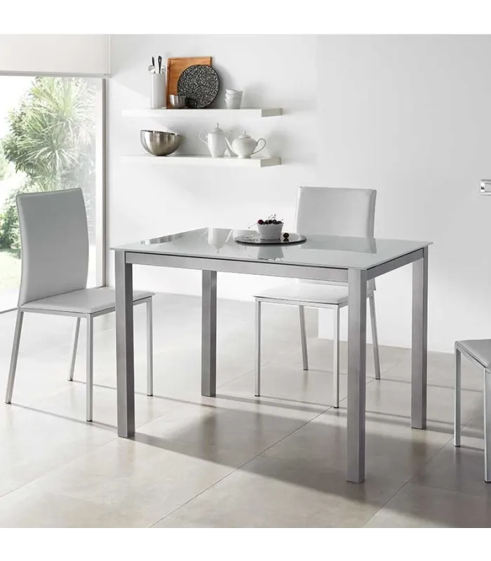 Mesa fija cocina cristal blanco, patas grises 75x105x60