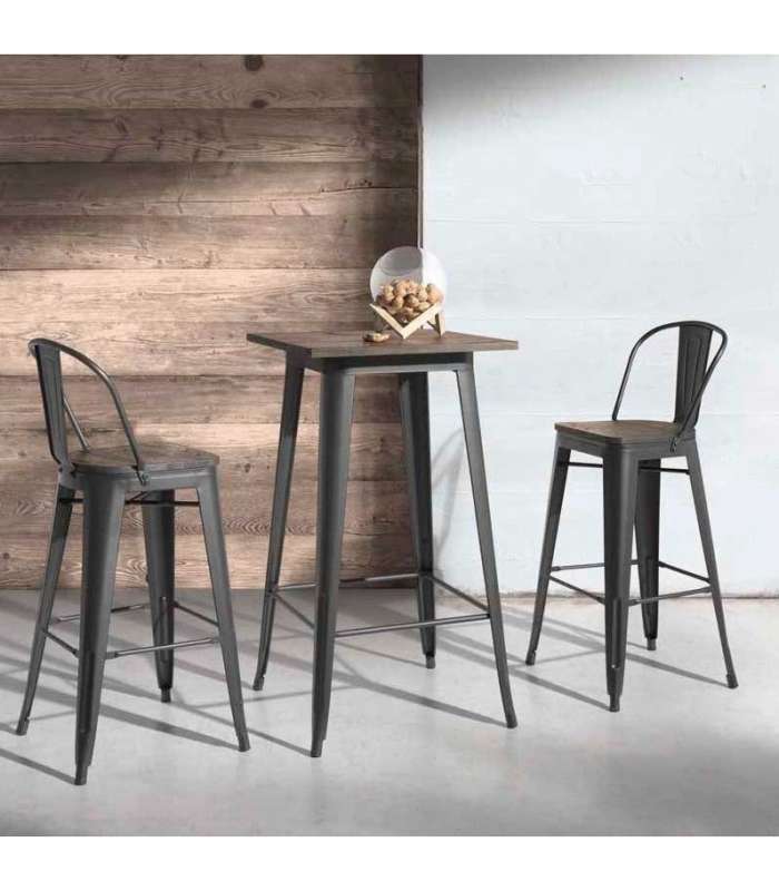 Mesa alta com base em metal grafite e topo em nogueira 106 cm(altura)