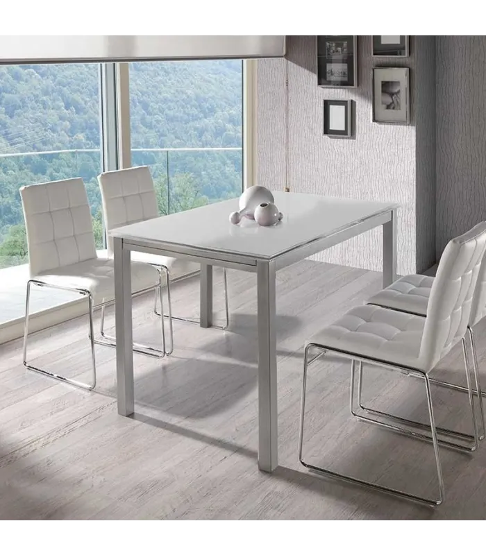 Mesa extensible blanca con tapa de cristal templado