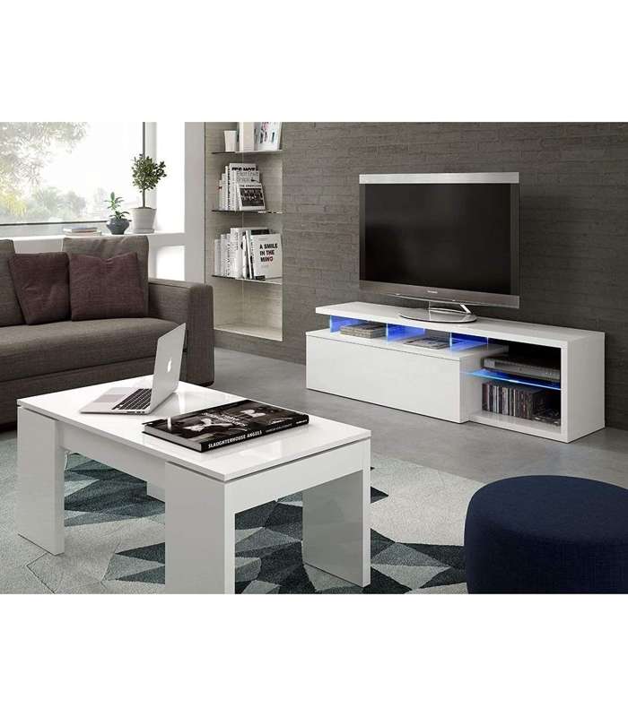 Modulo de TV Moderno, Mueble Salon Selena Blanco Brillo y Luces