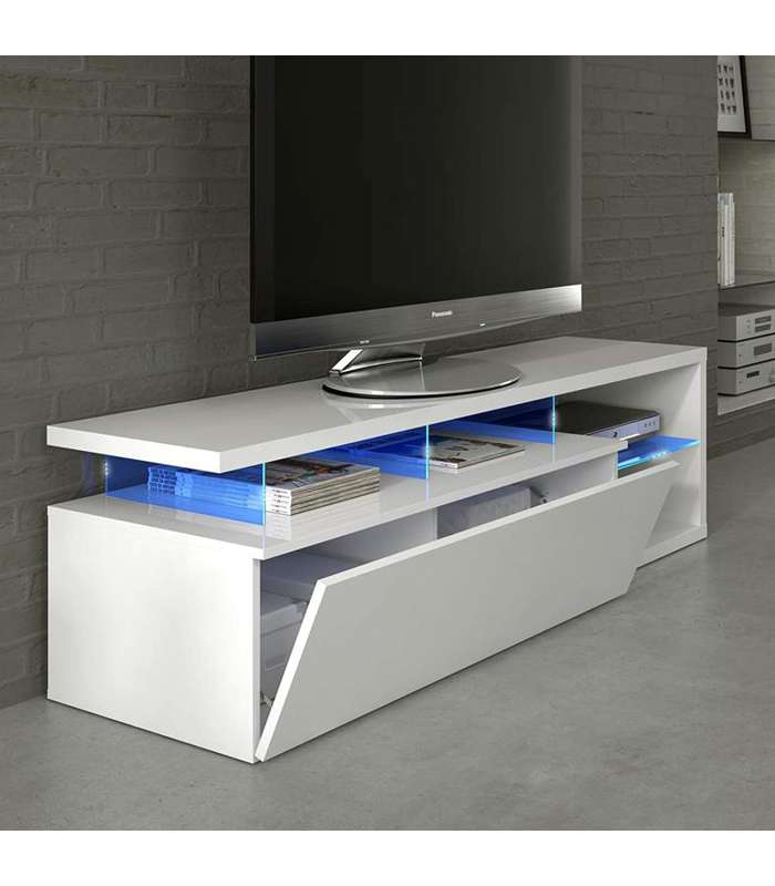 Modulo de TV Moderno, Mueble Salon Selena Blanco Brillo y Luces