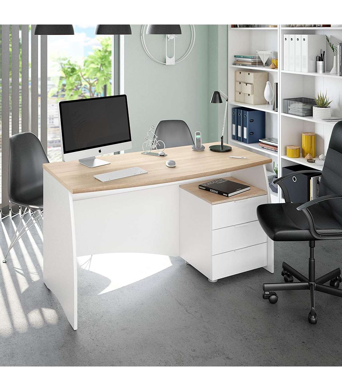 Mesa escritorio con cajón acabado en Roble y Blanco Artik 77 cm