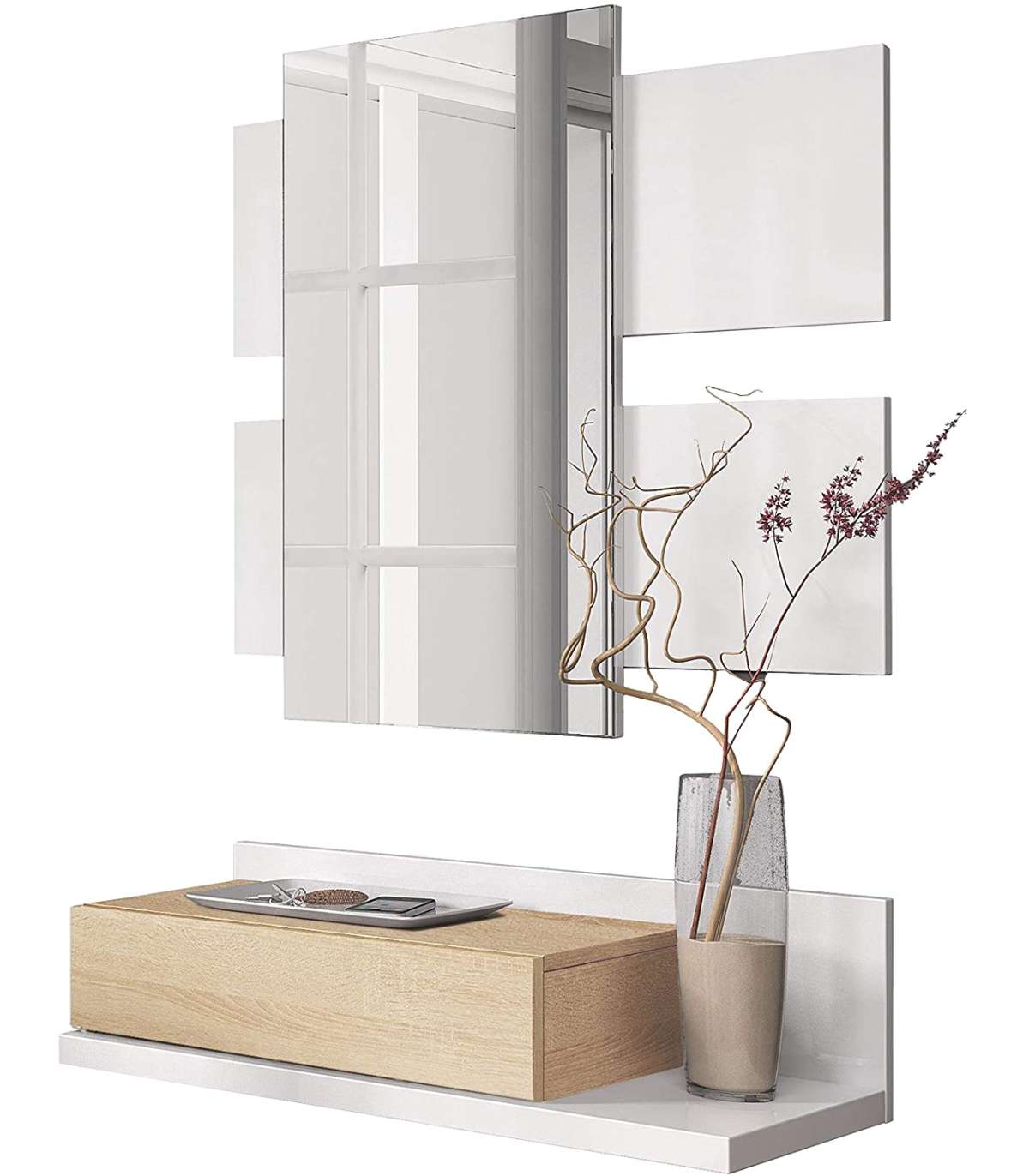 Mueble recibidor colgante con espejo y cajon color blanco y roble estilo  moderno