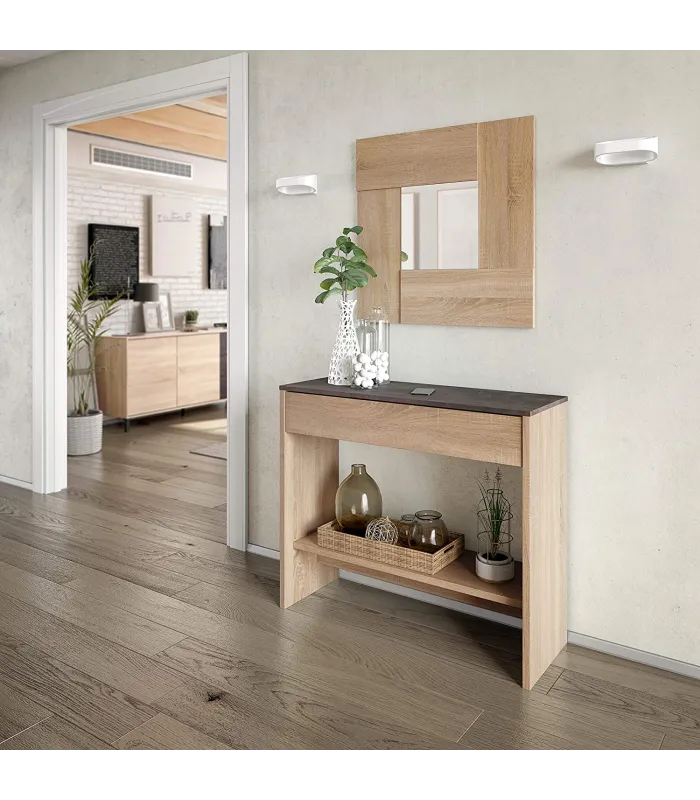 Mueble consola Luz con cajón y espejo en roble Canadian y óxido