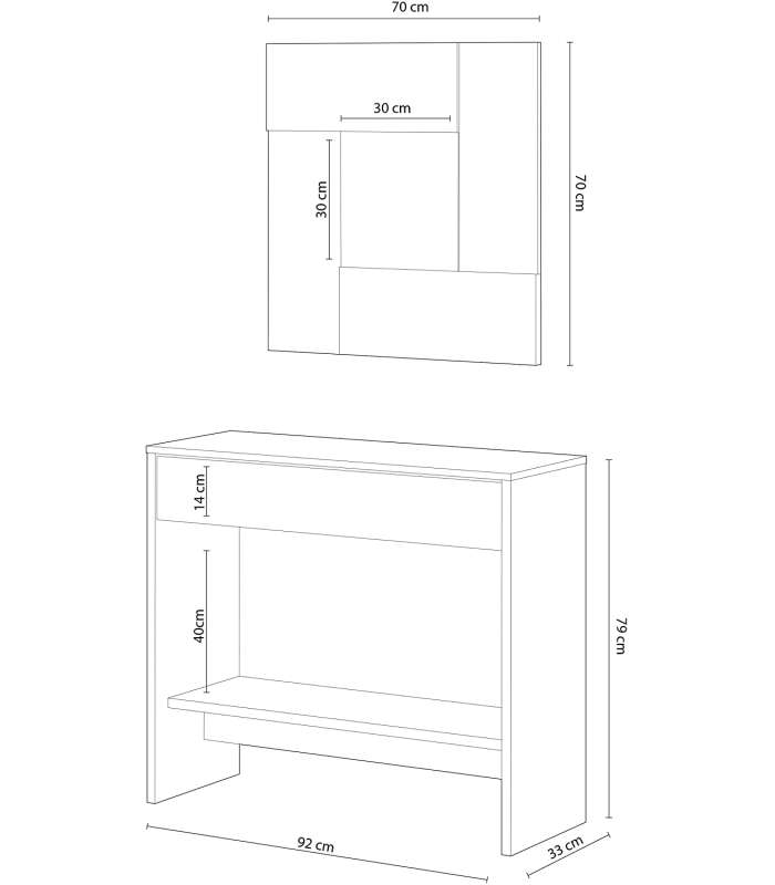 Mueble consola Luz con cajón y espejo en roble Canadian y óxido