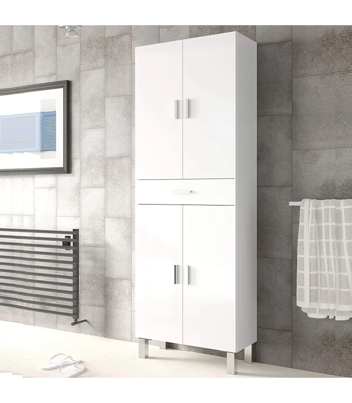 Columna baño Kris 4 puertas y 1 cajón, blanco brillo
