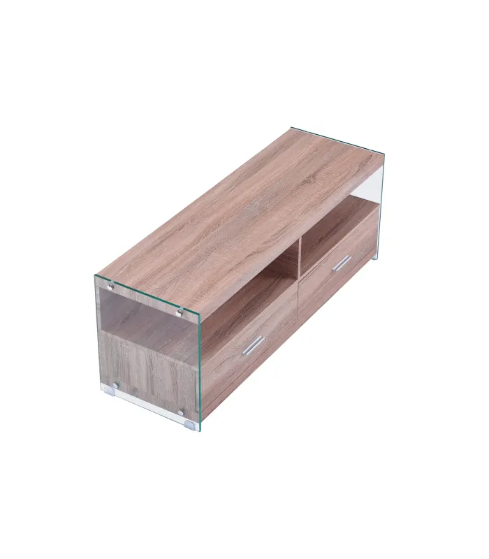 Mueble TV Evan roble, 2 cajones y cristal