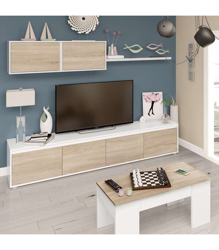 Mesa centro elevable en blanco artik y roble canadian 45