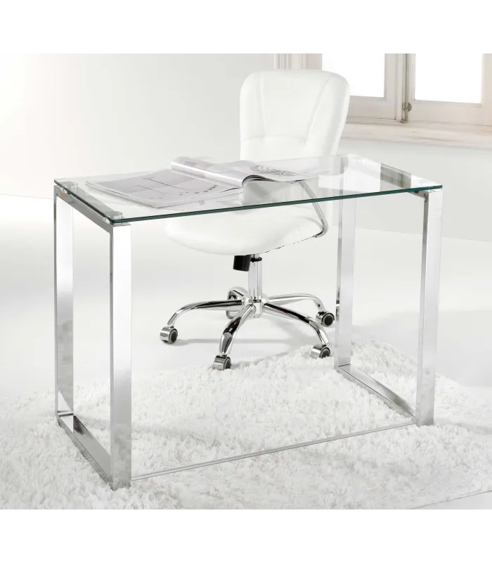 Mesa escritorio Benetto cristal y patas cromadas