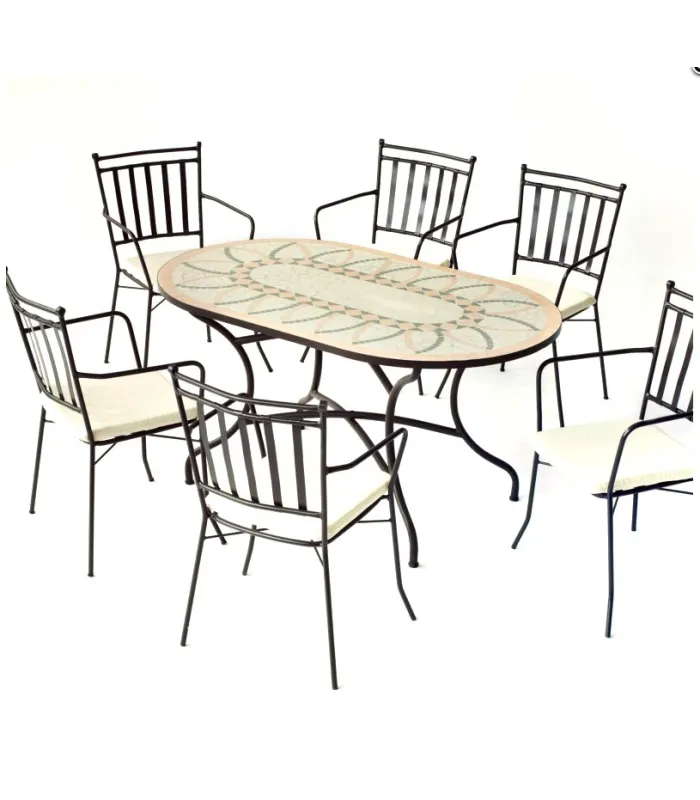 Conjunto mesa ovalada + 4 sillones + 4 cojines jardín