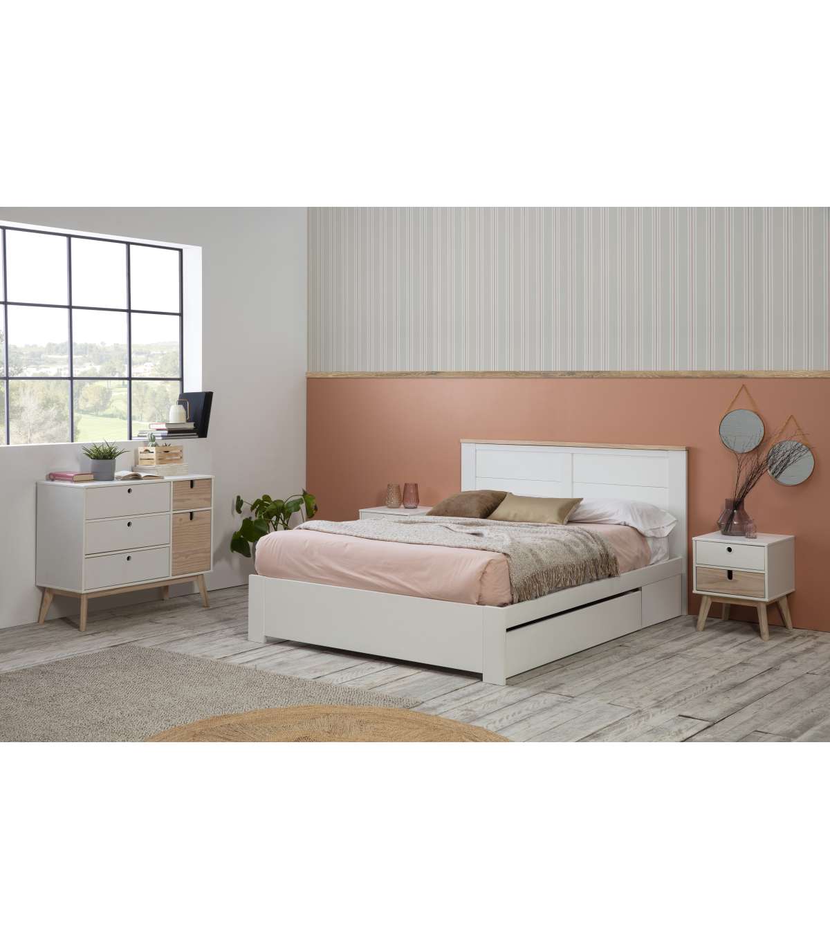 Cama de casal de gala com gaveta e base de cama em acabamento branco, para  colchão 160x200 cm.