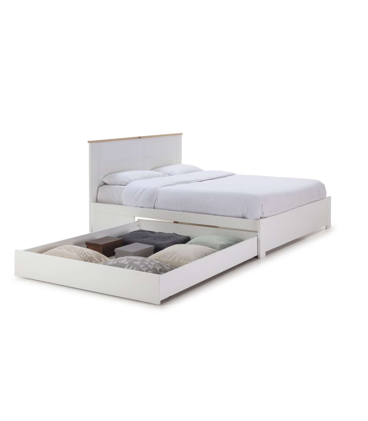 Cama de casal de gala com gaveta e base de cama em acabamento branco, para  colchão 160x200 cm.