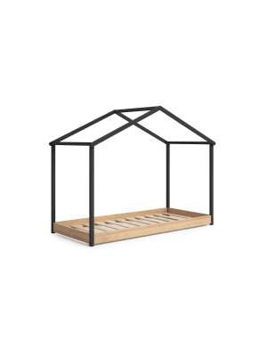 Cama juvenil tipo cabaña Moira en roble y gris