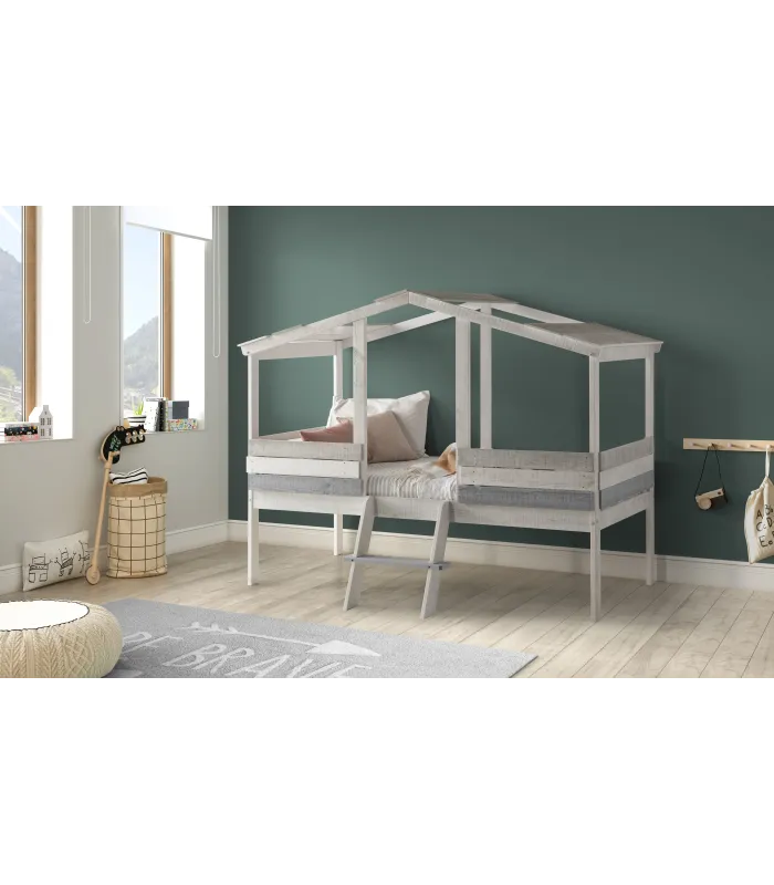 Cama tipo cabaña Unai en gris y verde rústico