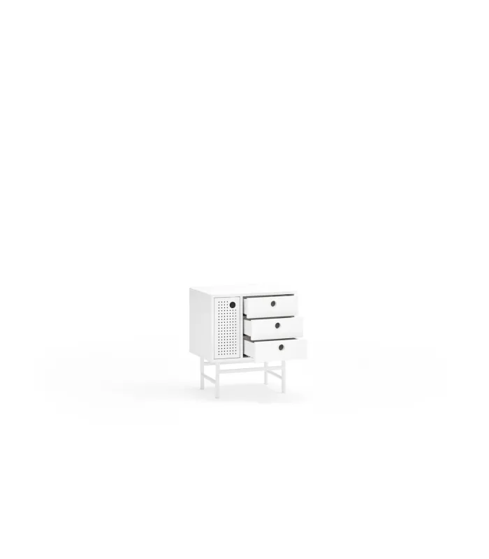 Mesita de noche blanca con 1 puerta y 3 cajones