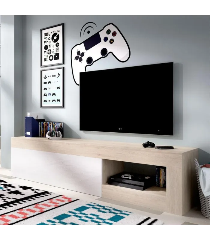 Mueble TV Arjona natural/blanco brillo, 204 cm
