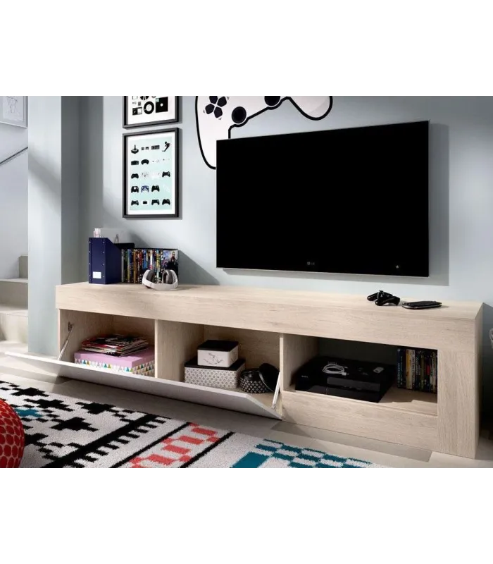 Mueble TV Arjona natural/blanco brillo, 204 cm