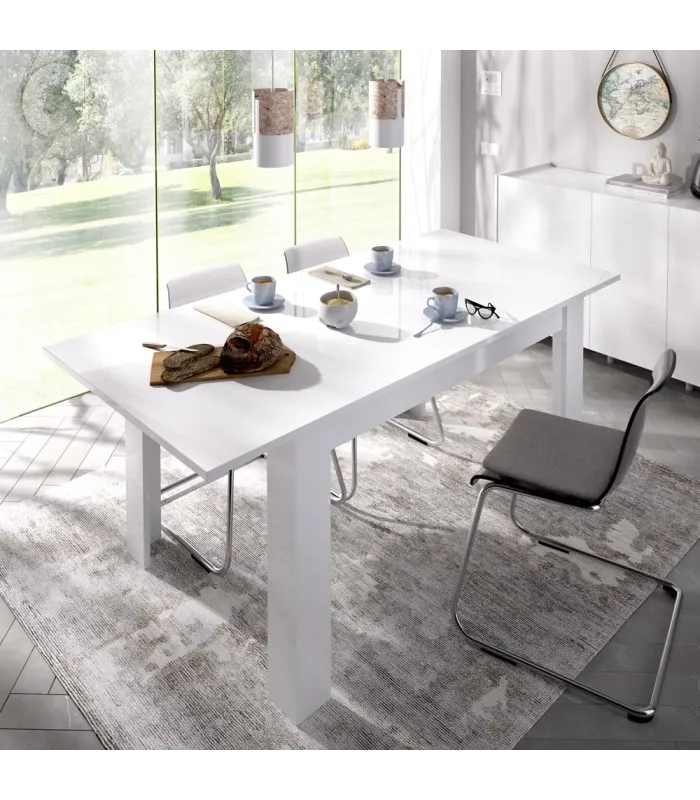 Mesa de salon extensible blanca, diseño contemporáneo