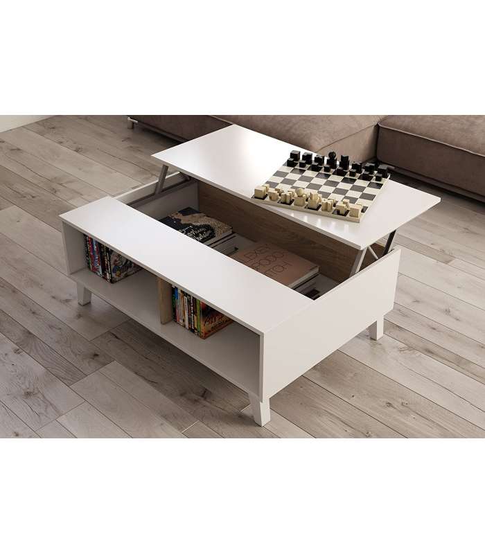 Zaiken liftable coffee table in white and Canadian oak