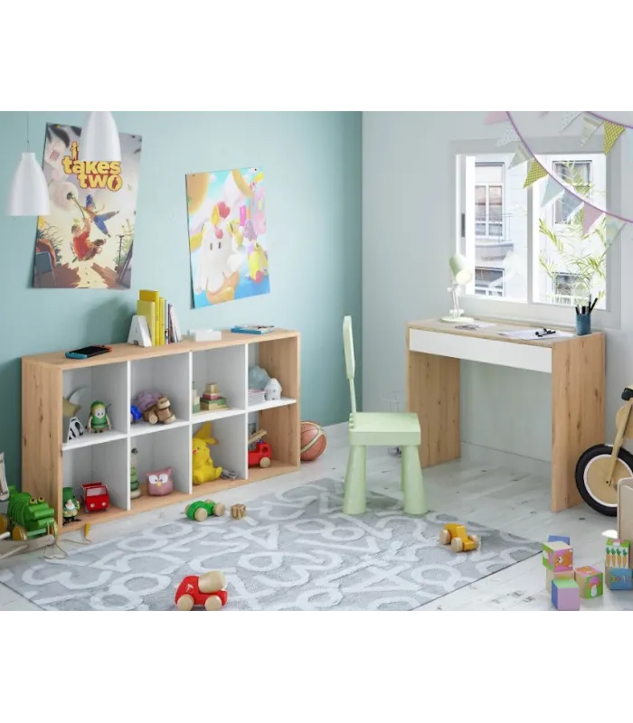 Estantería cubos blanca y roble, 137x71.5x33 cm