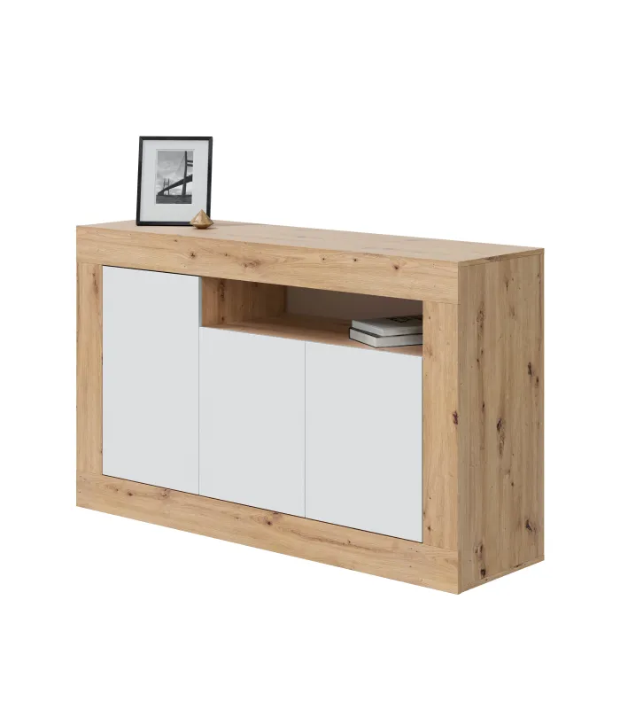 Aparador Teho en roble y blanco artik, 3 puertas