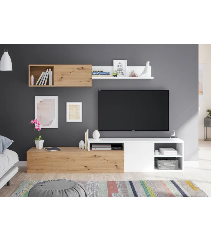 Conjunto salón Teho roble y blanco, moderno y funcional