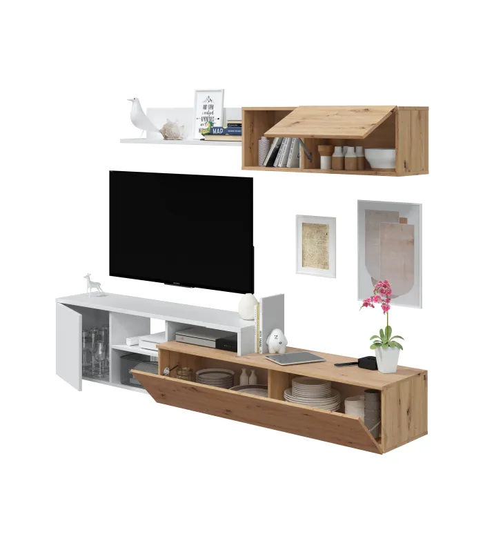 Conjunto salón Teho roble y blanco, moderno y funcional