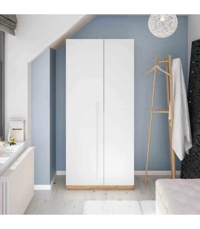 Armario Nuria 2 puertas, blanco artik y roble, 90x200x52