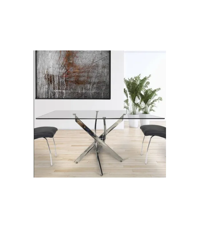 Mesa rectangular Nesy com vidro e pernas cromadas ou pretas. 140 cm(largura) 75 cm(altura) 90 cm(profundidade)