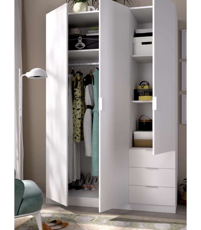 Armoire 3 portes battantes et 3 tiroirs en blanc 184