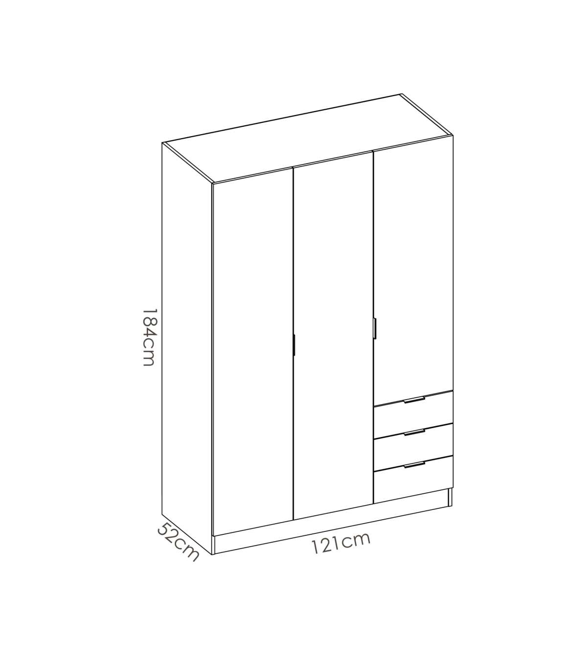 Armario ropero 3 puertas y 3 cajones color roble/blanco, 121 cm