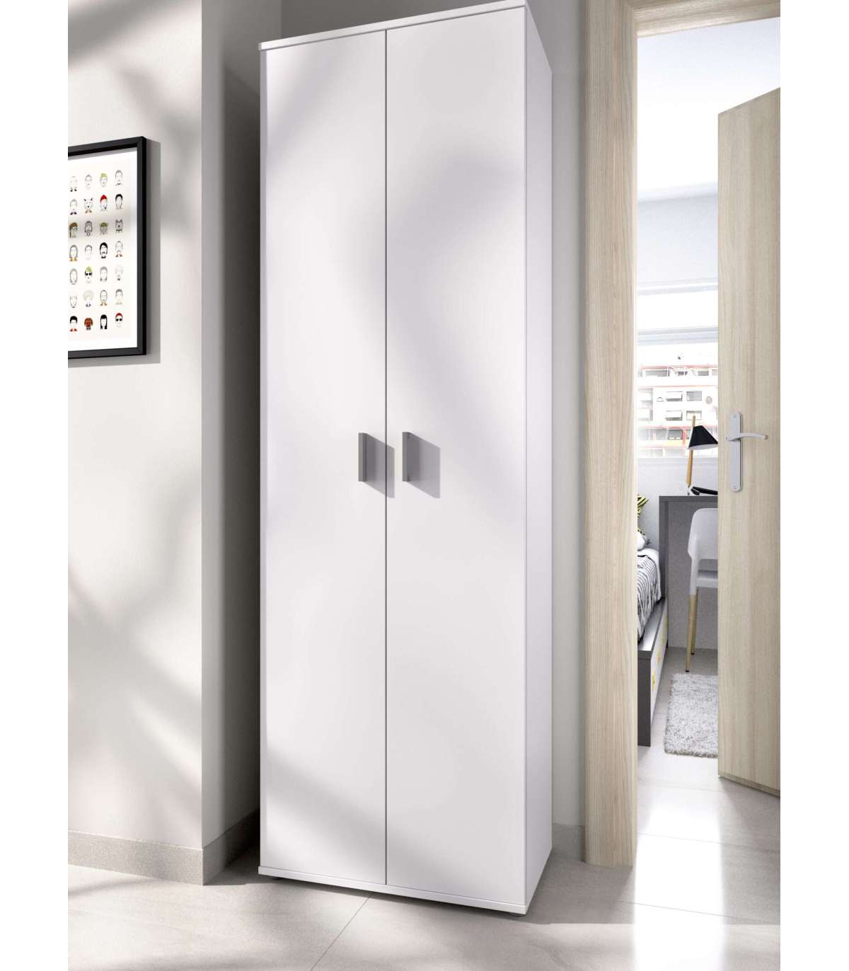 Armario almacenaje de cocina 2 puertas AVA. Armario multiusos en blanco con  3 estantes. 180x60x34,4 cm