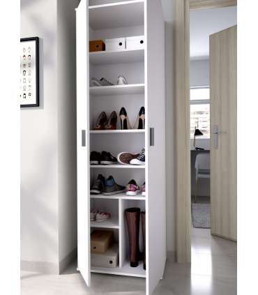 White multipurpose cabinet 2 doors 6 shelves.
