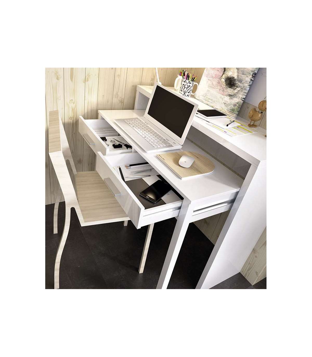 Mesa consola escritorio, mesa extensible, mesa para despacho, Blanco y  Roble