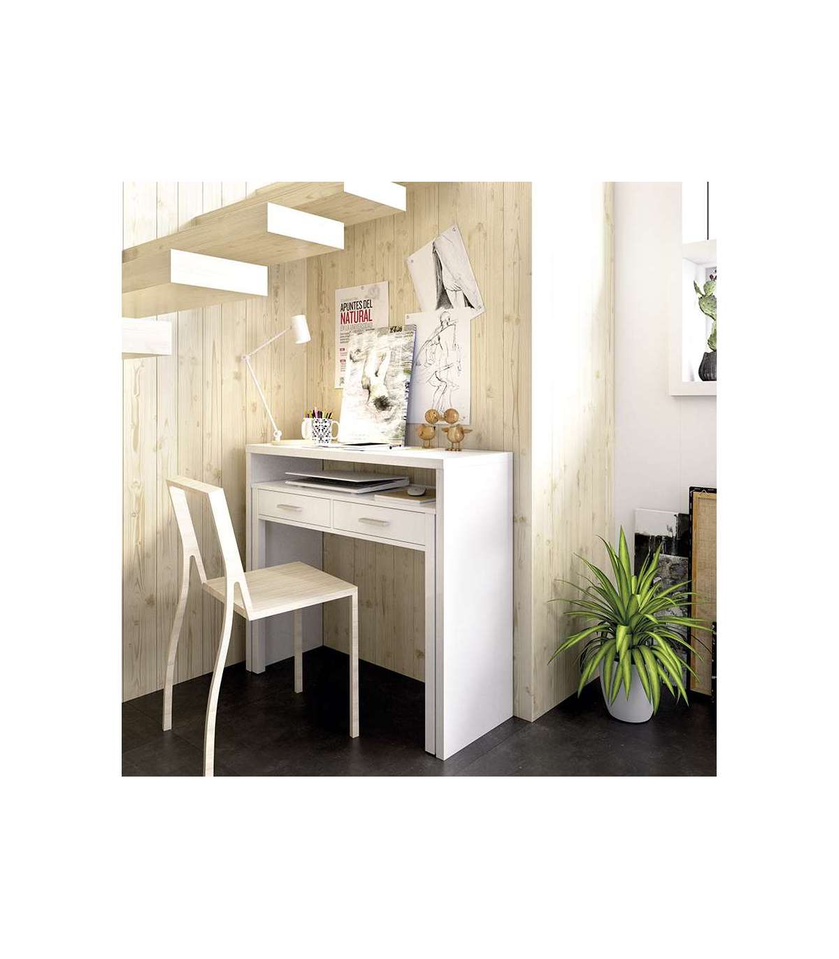 Consola escritorio extensible acabado blanco brillo al mejor precio.