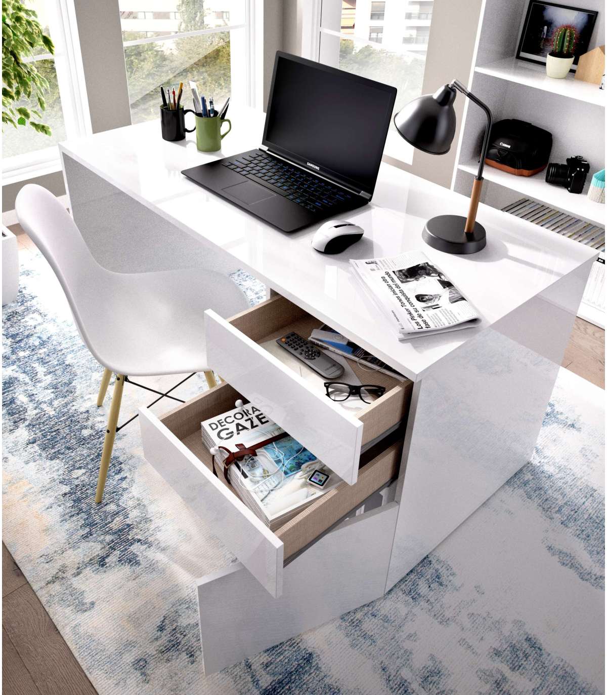 Mesa consola escritorio, mesa extensible, mesa para despacho, Blanco y  Roble