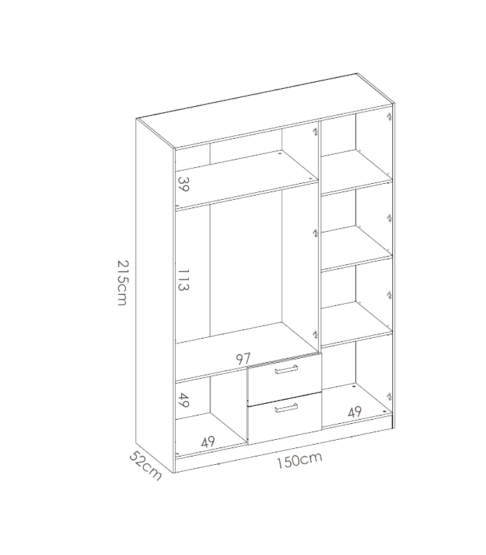 Roupeiro 3 portas 2 gavetas Huesa 215 cm(altura)150