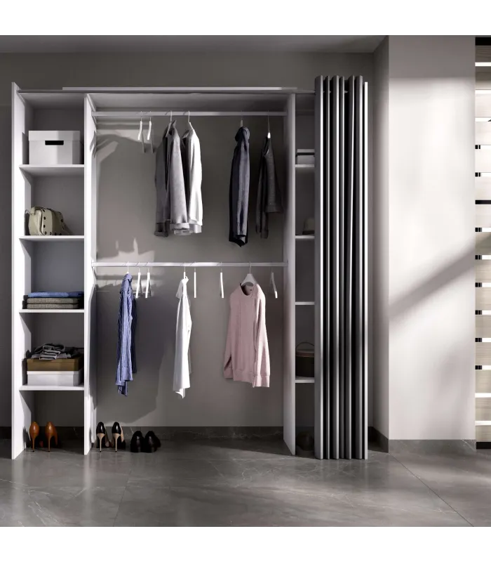 Cómoda para quarto com cortina e prateleiras em branco e