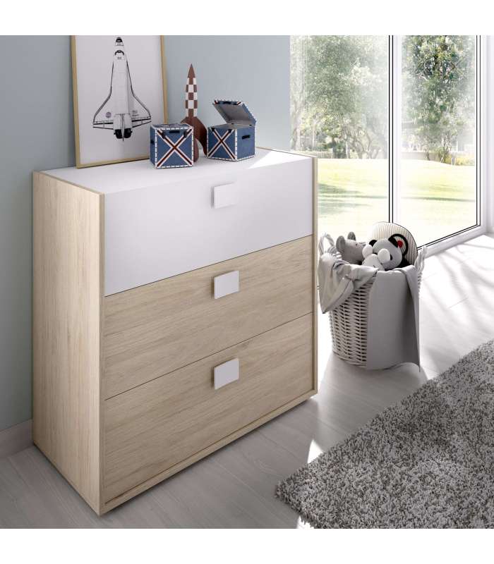 Commode Santisteban 3 tiroirs en finition naturelle/blanche 81