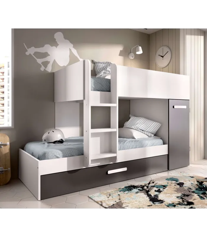 Cama tren Orcera blanca-grafito para dormitorio juvenil