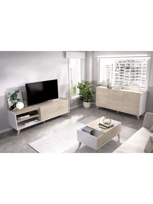 Elegante conjunto salón en blanco/natural, moderno y funcional.