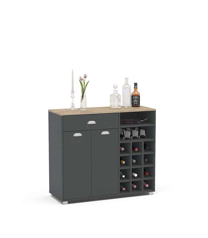 Mueble Buffet bajo 2 puertas 1 cajón y botellero acabado gris