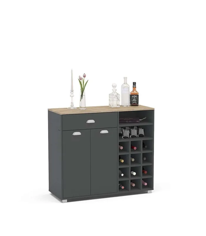 Mueble buffet bajo gris grafito con botellero