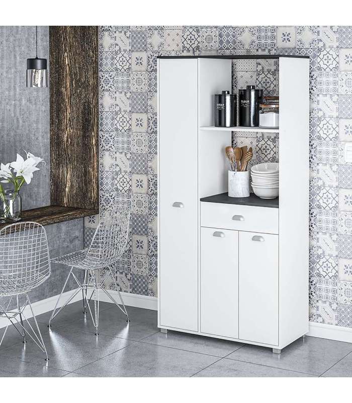 Mueble Buffet alto 3 puertas y 1 cajón acabado blanco, 180cm