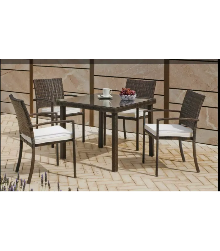 Conjunto jardín: mesa y 4 sillones de ratán marrón