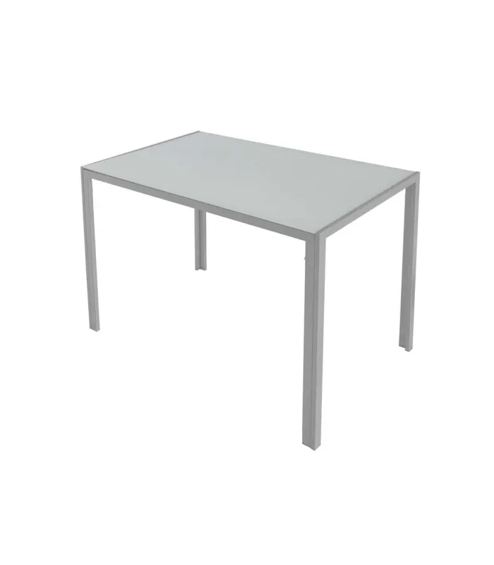 Mesa fija de cristal blanco y patas de acero gris plata