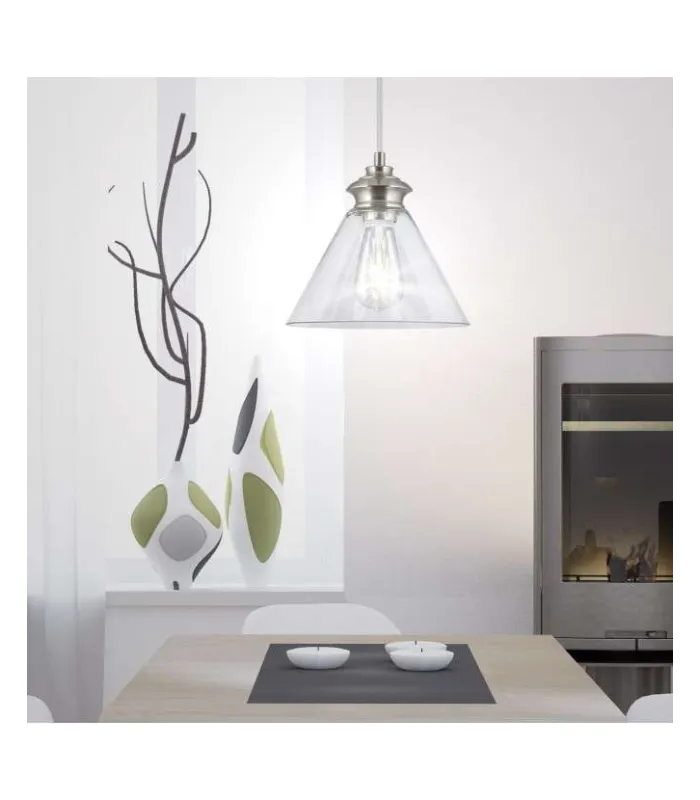 Colgante Greta níquel satinado con tulipa de cristal