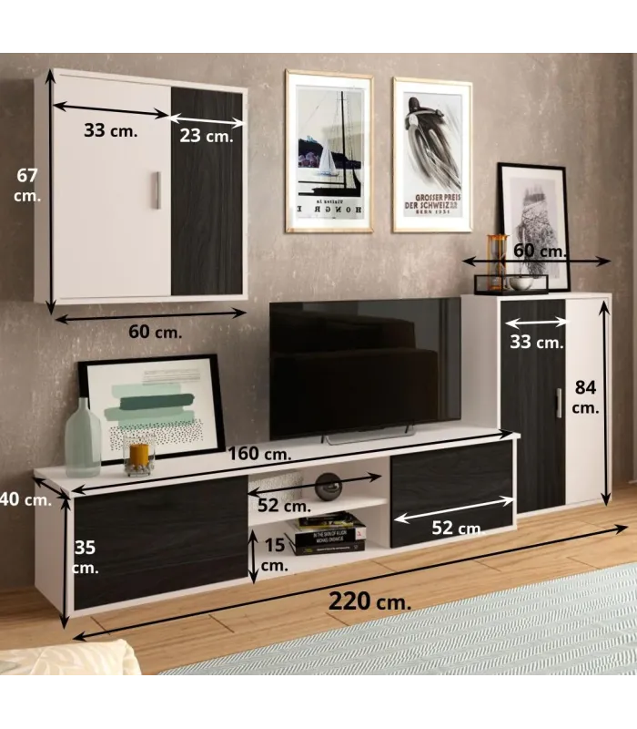 Composición salón Zeta en blanco y gris, 220 cm