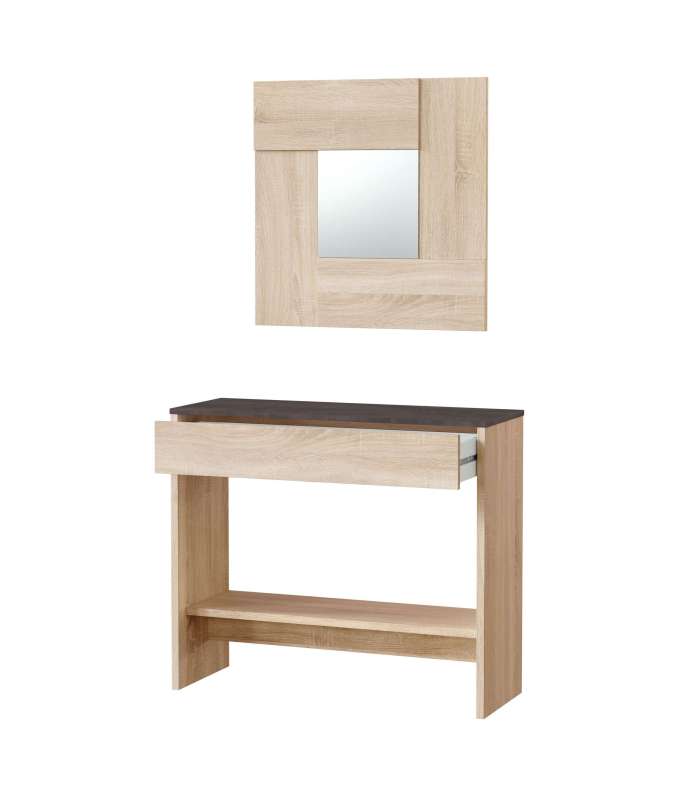 Console cabinet Luz with drawer and mirror in Canadian oak and